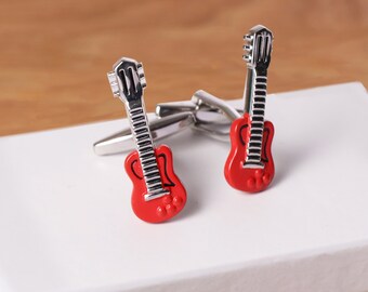 Black Electric Guitar Design Cufflinks with Personalised Engraved Chrome Case