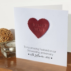 3° biglietto di anniversario di matrimonio personalizzato - pelle / 3 anni di matrimonio / Biglietto di terzo anniversario fatto a mano / Biglietto regalo personalizzato per marito e moglie