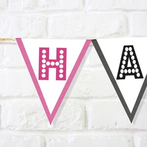 Printable birthday banner, digital birthday bunting, black, white and pink, Happy birthday sign for adults, Happy Birthday sign for children