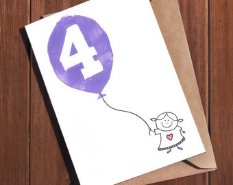Tarjeta de 4º cumpleaños, tarjeta de cuatro años, tarjeta de 4º cumpleaños, tarjeta de cuarto cumpleaños, 4 hoy, tarjeta para niña y niño, impresa a mano en lino, hecha a mano