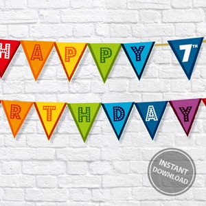 7th birthday bunting, DIY kids birthday party, 7 years old birthday banner, children&#39;s party decor, low price party decor for kids, funky