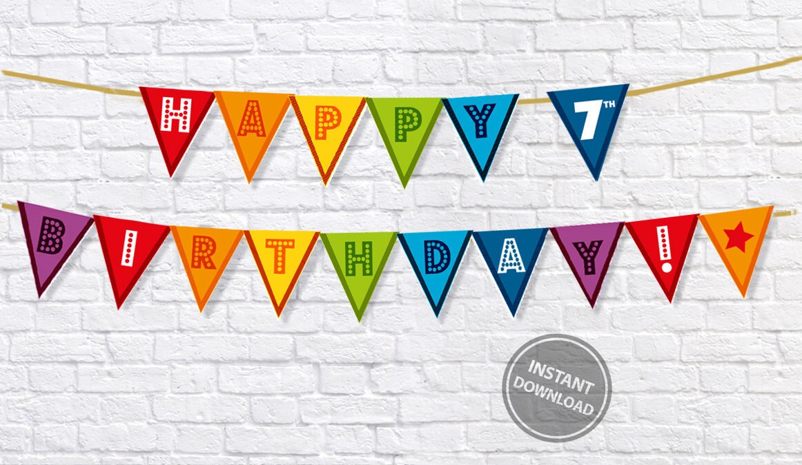 7. Geburtstag Wimpelkette, DIY Kindergeburtstag, 7 Jahre Geburtstagsbanner, Partydeko für Kinder, Partydeko für Kinder, funky