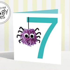 7th birthday card | seventh | card age seven years | age 7 card | pompom pom-pom | wobbly eyes | fun age 7 | 7th girl boy | animal | spider
