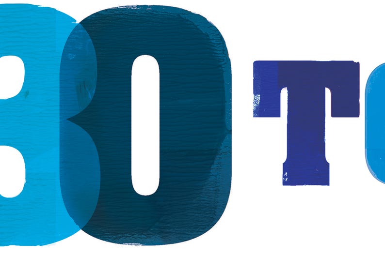 May include: A graphic design featuring the word "30" in a blue and teal colour scheme. The word "TO" is in a dark blue colour.