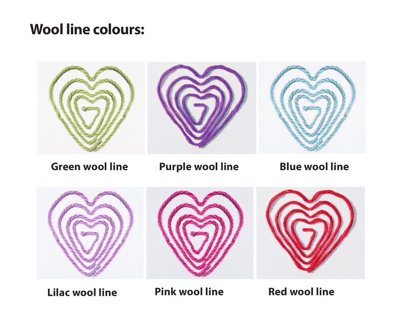 May include: Six heart shapes made of wool yarn in different colors: green, purple, blue, lilac, pink, and red. Each heart is made of multiple layers of yarn, creating a layered effect.