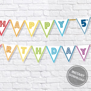 Rainbow birthday banner, rainbow party decorations, Rainbow bunting, bright colours birthday banner, 5th birthday party wall decor, DIGITAL