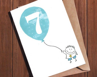 7 歳のカード、7 歳の誕生日カード、7 歳の誕生日カード、今日 7 歳、女の子向けカード、男の子向けカード、手刷りのリノカット、かわいい