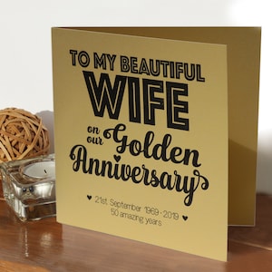 Gouden huwelijksverjaardagskaart | 50 jaar getrouwd | gepersonaliseerde kaart | kaart voor moeder vader man vrouw | moderne | typografische | Speciale