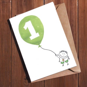 Kaart van 1 jaar verjaardagskaart, eenjarige kaart, handgemaakte kaart 1e jaar, 1e eerste verjaardagskaart, meisje of jongen, kinderkaart, handgedrukte kaart