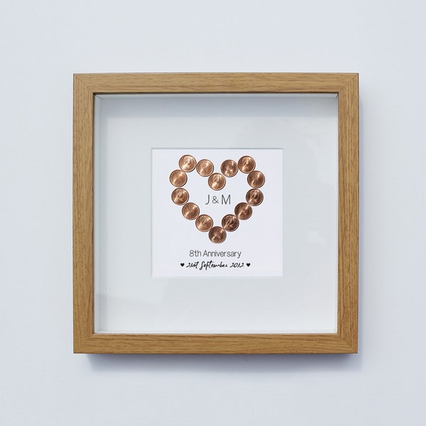 8th wedding anniversary personalised gift - Bronze  | 1/2 pennies in frame | 8th anniversary gift for wife | anniversary present for husband