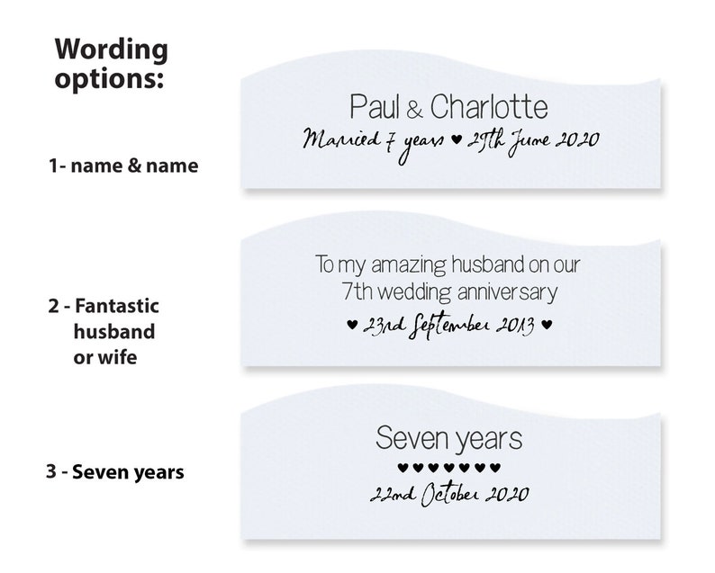 May include: Three different wording options for a personalized anniversary card. The first option says "Paul & Charlotte Married 7 years &hearts; 29th June 2020". The second option says "To my amazing husband on our 7th wedding anniversary &hearts; 23rd September 2013 &hearts;". The third option says "Seven years &hearts;&hearts;&hearts;&hearts;&hearts;&hearts;&hearts;&hearts; 22nd October 2020".