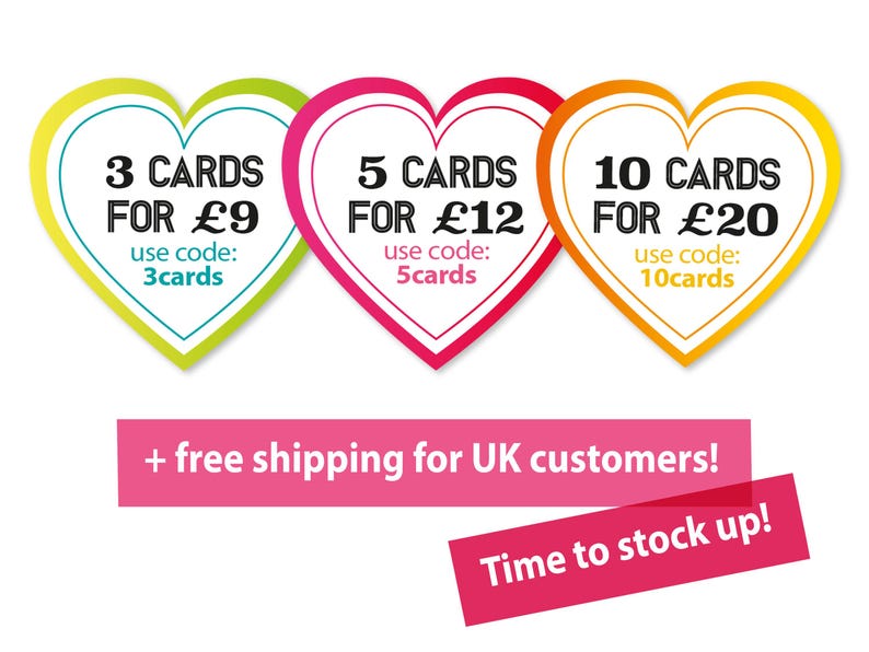 May include: Three heart-shaped cards with different offers: 3 cards for &pound;9, 5 cards for &pound;12, and 10 cards for &pound;20. Each card has a unique code to use at checkout. Free shipping for UK customers. Time to stock up!