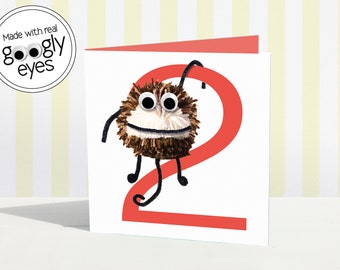 2nd birthday card | second | card age two year old | pompom  pom-pom | pom pom | wobbly eyes | fun age 2 | 2nd card girl boy | cheeky monkey