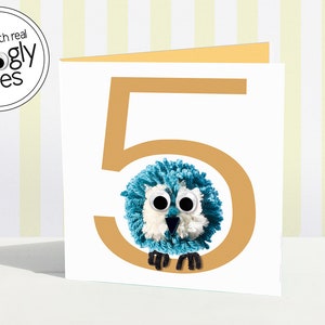 5e carte d'anniversaire | cinquième | carte d'âge de cinq ans | carte pompon | pompon | yeux tremblants | amusant 5 ans | 5e fille garçon | animal | chouette | moderne