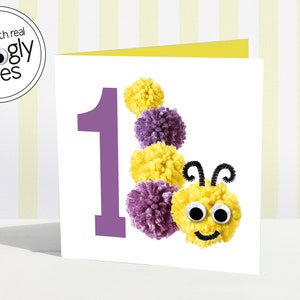 1ère carte d'anniversaire | âge de la première carte un an | pompon pompon | pompon | yeux tremblants | amusante pour le premier âge | 1ère carte fille garçon | animal