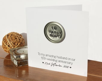 Cartão de 10º aniversário de casamento - personalizado | 10 anos de casamento | Cartão de décimo aniversário feito à mão | Cartão personalizado de marido e mulher | iniciais