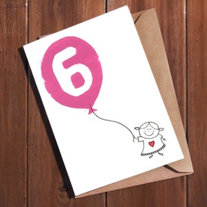 Tarjeta de cumpleaños de 6 años, tarjeta de cumpleaños para una niña, tarjeta de cumpleaños para un niño, tarjeta de 6 años, 6 años hoy, linograbado a mano, tarjeta de hito de 6 años