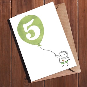 Carte de 5 ans, carte de cinq ans, carte d'anniversaire de 5 ans, 5 ans aujourd'hui, carte pour une fille, carte pour un garçon, linogravure à la main, linogravure, jolie carte