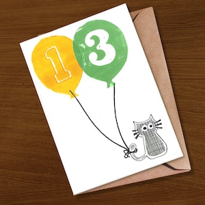 Carte d'anniversaire 13 | 13 ans | pour amoureux des animaux | carte pour amoureux des chiens | mignon |  animal | jalons | imprimé à la main