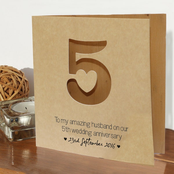 5th wedding anniversary card - wood card | Married 5 years | traditional wood | romantic card | 5th wood card for wife husband partner