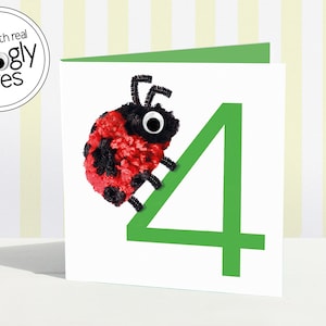 4ème carte d'anniversaire | quatrième | carte d'âge de quatre ans | pompon pompon | pompon | yeux tremblants | amusant 4 ans | 4e fille garçon | animal | coccinelle