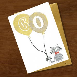 Biglietto di auguri per il 60° compleanno, biglietto di auguri per 60 anni, biglietto per sessant'anni, celebrazione speciale, inchiostro dorato, compleanno importante, amante degli animali, cani e gatti