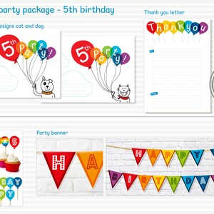 Descarga digital del paquete de fiesta, paquete de fiesta de 5 años, decoración temática de la fiesta del arco iris, invitaciones de agradecimiento, decoraciones del arco iris, 5 años, cumple 5 años