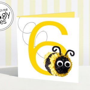 Carte 6e anniversaire | sixième | carte d'âge de six ans | carte pompons pompons | pompon | yeux tremblants | amusant 6 ans | 6e garçon | animal | bourdon