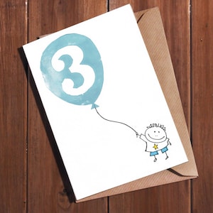 Carte de 3e anniversaire, carte d'anniversaire de 3 ans, carte de trois ans, 3 ans aujourd'hui, carte pour une fille garçon, lino imprimé à la main, linogravure, jolie carte imprimée à la main
