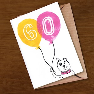 Carte du 60e anniversaire, carte d'anniversaire des 60 ans, célébration spéciale, soixante ans, anniversaire important, amoureux des animaux, chien, chat, imprimé à la main
