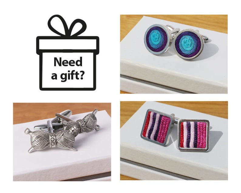 May include: A set of four cufflinks with different designs. The first pair features a blue and purple swirl design. The second pair features a pink and purple striped design. The third pair features a silver ball of yarn with the word "wool" on it. The fourth pair features a silver ball of yarn with the word "wool" on it.