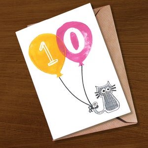 Karte für 10 jährige | Alter 10 Karte | Drehen 10 | Katzenliebhaber | Hunde-Liebhaber-Karte | Tier über Karte | alte Karte | Alter Karten | handbedruckt