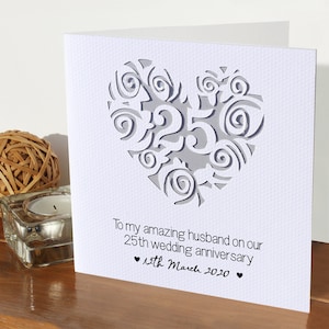 25th Wedding Anniversary card | Married 25 years | Silver | romantic paper cut | personalised card