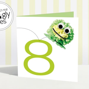 Geburtstagskarte 8 | acht | Karte Alter Acht jährige | Bommel | Bommel | Wackelaugen | Spaß ab 8 Jahren | 8er Mädchen Junge | Tier | Frosch