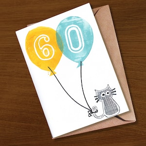 Carte du 60e anniversaire, anniversaire des 60 ans aujourd'hui, célébration spéciale, soixante ans, anniversaire important, amoureux des animaux, chien, chat, imprimé à la main