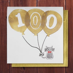 Carte du 100e anniversaire, carte d'anniversaire de 100 ans, célébration spéciale, encre dorée, carte centenaire, anniversaire important, amoureux des animaux chien chat