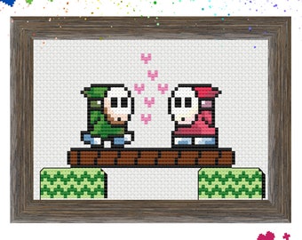 Patrón de punto de cruz "Chicos tímidos enamorados": Hermanos Super Mario vintage (Descarga instantánea en PDF)