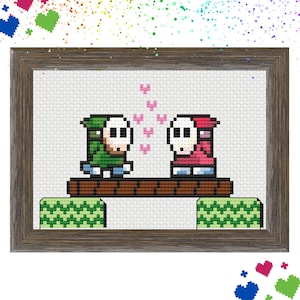 Shy Guys in Love Cross Stitch Pattern: Vintage Super Mario Brothers (Instant PDF Download)