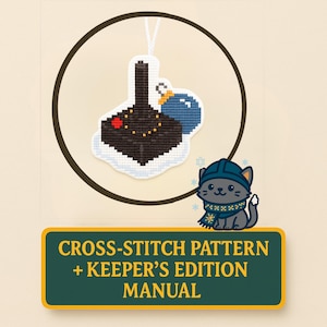May include: A cross-stitch pattern kit featuring a pixelated video game controller and a blue bomb ornament. A cartoon cat wearing a hat and scarf is also present. The text "CROSS-STITCH PATTERN + KEEPER'S EDITION MANUAL" is displayed.