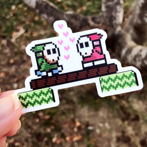 Shy Guys in Love Sticker (FREE SHIPPING), Cross Stitch Sticker, 1980s Gaming, 80s Art, Super Mario Bros Sticker, Laptop Decal, Gen X Gift