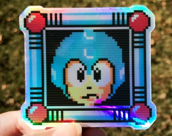 Pegatina holográfica de Mega Man: Calcomanía retro de jugador de los 80