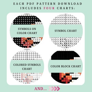 May include: Four charts included in a PDF pattern download: Symbols on Color Chart, Symbol Chart, Colored Symbols Chart, and Color Block Chart. Each chart is a circular grid with black and red squares.