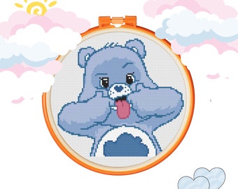 Grumpy Bear Sticking Out Tongue Portrait ~ Care Bears 1980s Cartoon Counted Cross Stitch Pattern ~ Instant PDF Download