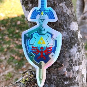 Holographic Hylian Shield & Sword Sticker: Retro Zelda Gaming Decal
