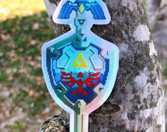 Pegatina holográfica de escudo y espada Hylian: Calcomanía retro de Zelda