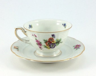 Vintage Rosenthal China Floral Cup and Saucer, White DemiTasse, Gift for Her, Porcelain Teacup and Saucer, Hand Painted, Unique Gift