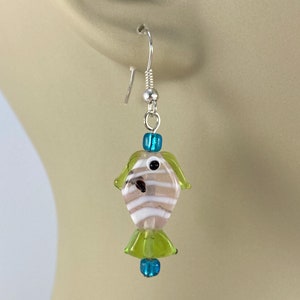Tropical Fish Earrings, Murano Italy, Lamp Work Glass, Green & White Dangle Earrings, Unique Gift,  Art Glass, Gift for Her,