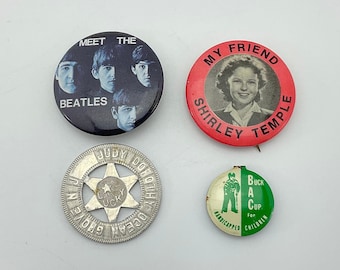 Vintage Pin Back Pins, Conoce a los Beatles, Shirley Temple, Sellos de Pascua, Ficha de juego, Regalo único, Pin Backs nostálgicos, Los Beatles