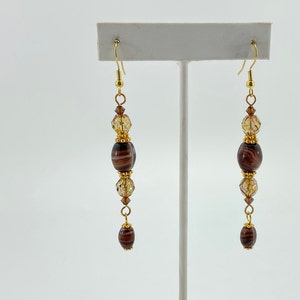 Neutral Beaded DangleEarrings, Vintage Art Glass Beads, Czech Fire Polished Crystals, Gift for Her, BoHo, Gold Plated, Unique Gift