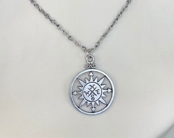 Retro Compass Pendant Necklace,  Antiqued Silver, Sunburst Pendant, Gift for Her, Celestial Pendant, Vintage Look, Unisex, Unique Gift